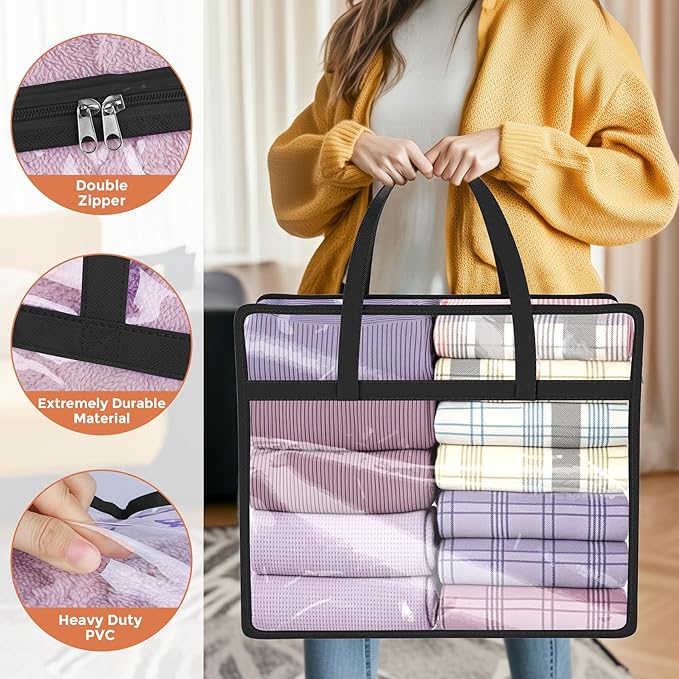 Budding Joy 6 Pack Clear Zippered Storage Bags for Clothes,40L Closet Organizers and Storage Containers Vinyl Moving Bag for Bedding, Linen, Blankets, Comforters, Clothing & Toys, Black