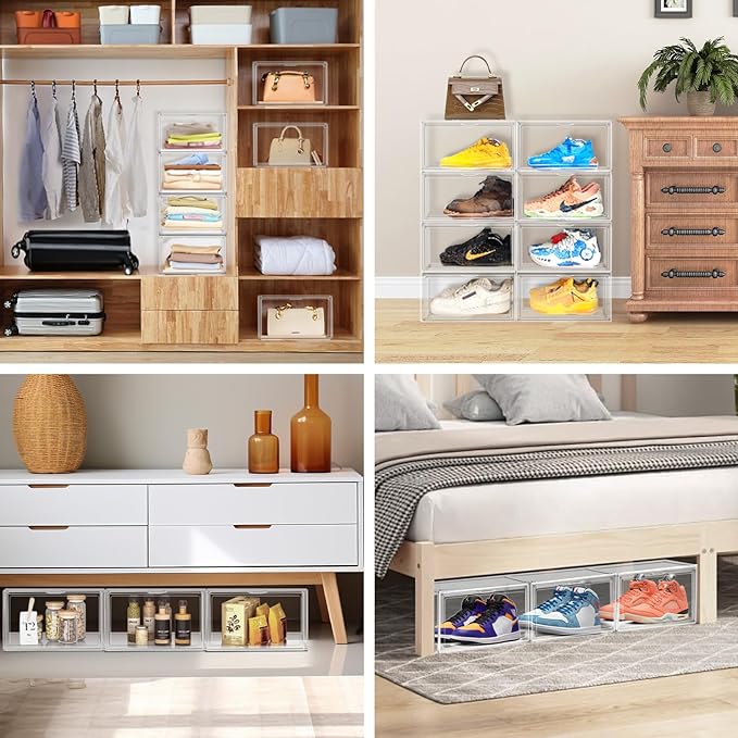 10 Pack Acrylic Shoe Boxes Stackable, Size 12 Clear Shoe Display Cases Plastic Shoe Container Boxes Sneaker Storage Bins