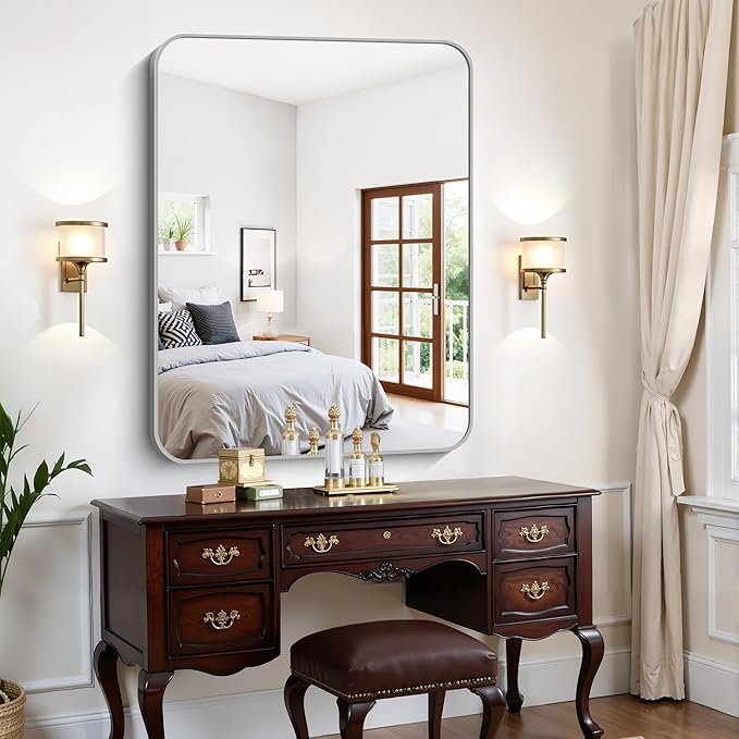 FORBATH 40x48 Inch Silver Bathroom Mirror for Over Sink, Large Rectangular Wall Mirror with Metal Frame, Rounded Corners for Bathroom, Bedroom, Entryway Decor (Horizontal or Vertical)