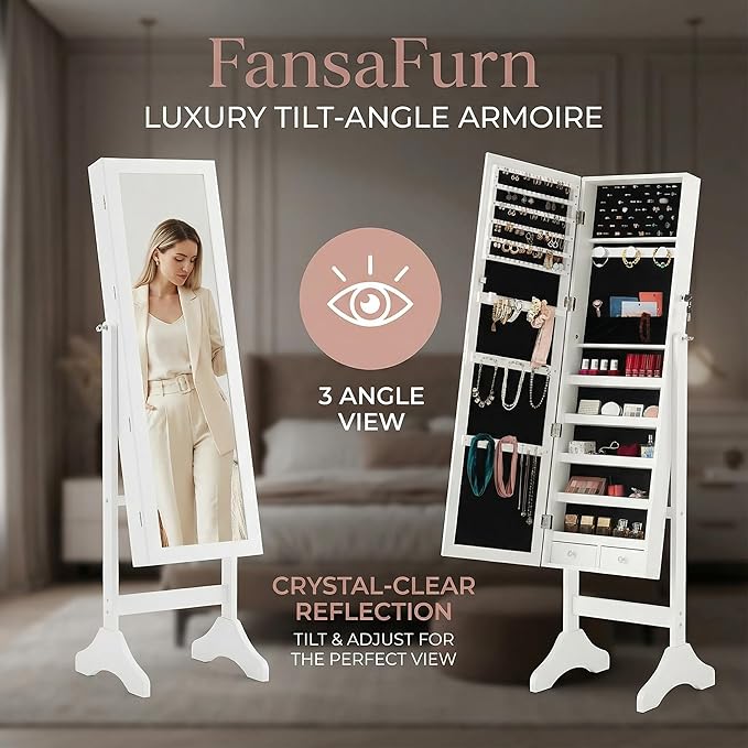 Elegant White 47.3" Jewelry Armoire with Full-Length Mirror-Lockable Velvet-Lined Storage, 3-Angle Adjustable Mirror, 5 Shelves, 2 Locks & Bonus Pouch