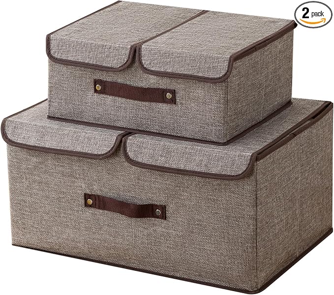 Linen Storage Boxes with Removable Dividers, 2-Pack Large Foldable Organizer Bins, Gray Fabric Containers with Handles for Clothes, Blankets, Underwear Storage (Beige, 2Pack*37.5L)