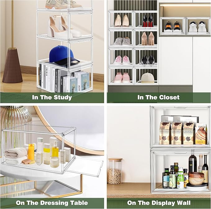 1 Pack Drop Front Acrylic Shoe Boxes with Magnetic Door Size 12, Clear Stackable Shoe Organizers Sneaker Display Cases for Closet, Entryway, Underbed, Multiple Display Cases for Caps, Figures