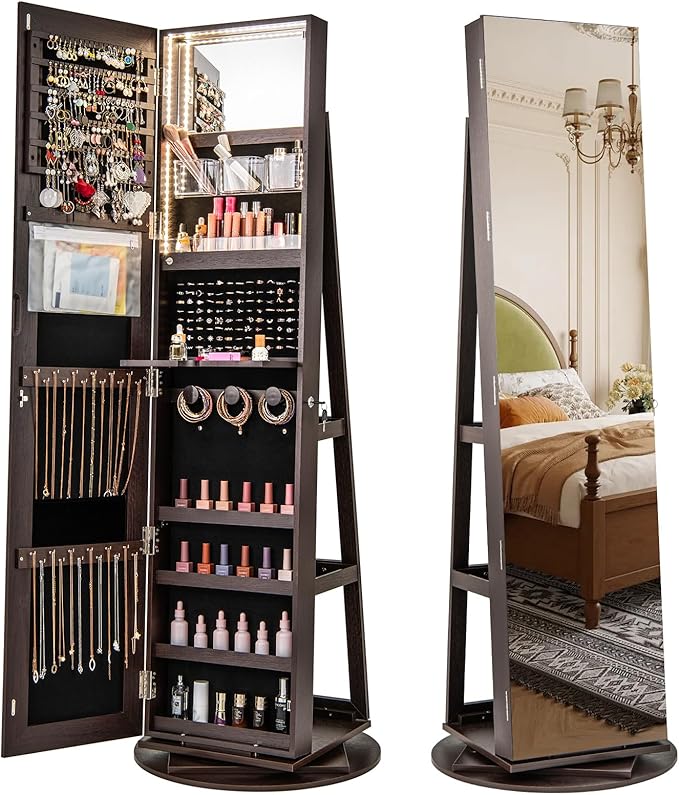 CHARMAID 360° Swivel Jewelry Armoire with Full Length Mirror, Rear Storage Shelves, Lockable Standing Jewelry Cabinet Organizer with Interior Vanity Mirror and 3-Color Lights (Espresso)
