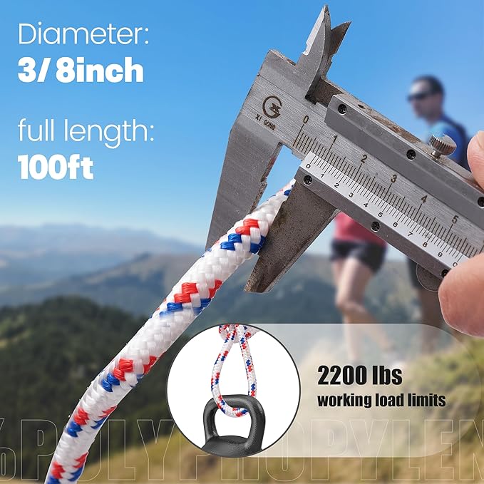 3/8 Inch 100 ft Diamond Braided Polypropylene Rope, All Purpose Thick Boat Marine Ropes for Camping and Flag Pole, Indoor and Outdoor Use, Indoor and Outdoor Use, White