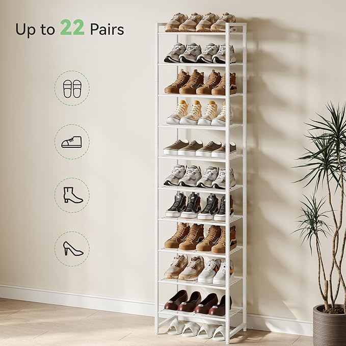 Narrow Shoe Rack, 10-Tier Metal Shoe Organizer,Tall Shoe Shelf with Anti-Tip Strap, Max Holds 20 Pairs,Space Saving for Closet,Entryway,White