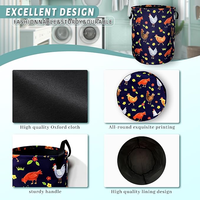 Cute Roosters Chicken Laundry Basket With Handles Oxford Cloth Tote Bag Animal Laundry Hamper18.9"x16.5 "Foldable Clothe Storage Bucket Toy Organizer For Bathroom/Laundry/Bedroom