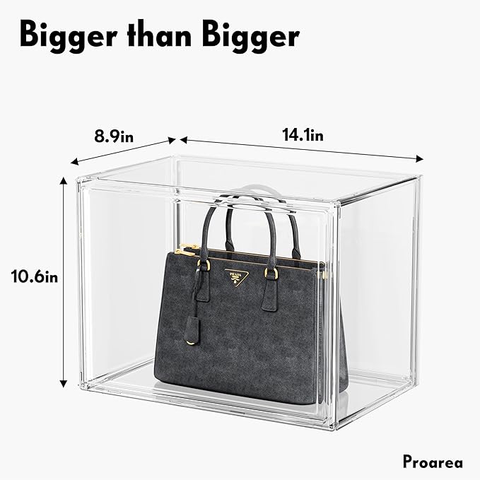 Purse Organizer for Closet, Clear Acrylic Display Case for Handbag Organizer, Stackable Purse Storage Box with Magnetic Door, Plastic Holder Containers for Book, Collectibles, Cosmetic 3 Pack