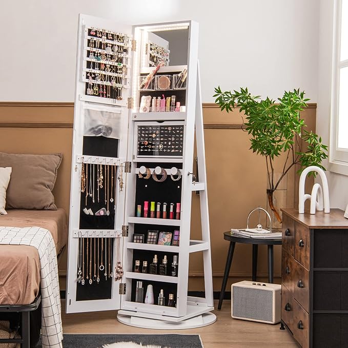 Mirror Jewelry Cabinet Standing with Full Length Mirror, 360° Swivel Jewelry Armoire with 3-Color LED Lights & Foldable Makeup Shelf, Lockable Organizer for Women, Space-Saving (White)