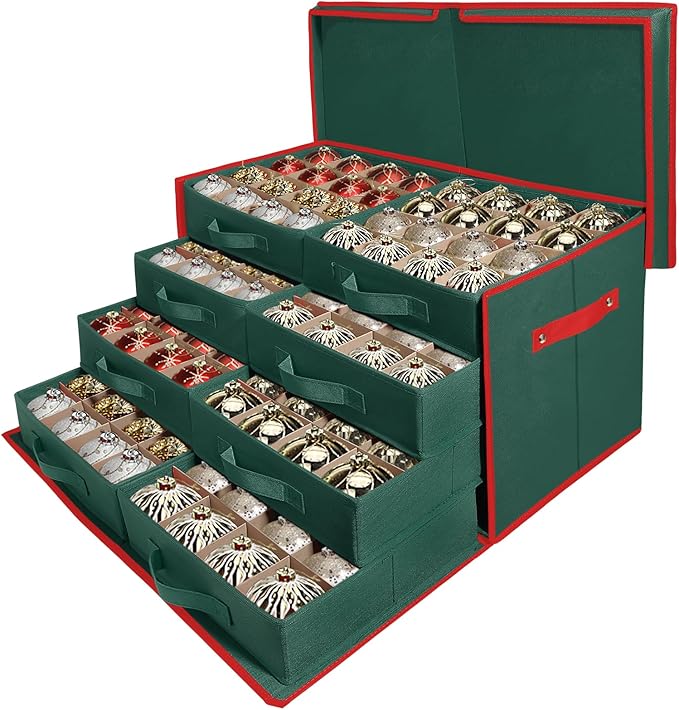 WDZREE Premium Large Christmas Ornament Storage,Box with Side Open, Drawer Style Trays -3" Compartment, 8 Trays, Keeps 128 Holiday Ornaments -Made of Durable 600D Oxford Fabric Tear-Proof Material