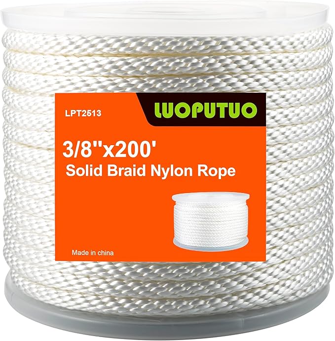 3/8 Inch 200ft White Nylon Solid Braid Rope| High UV & Abrasion Resistance| Industrial Grade, Low Stretch| Multipurpose for Flag Poles, Clotheslines