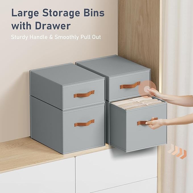DIMJ Closet Organizers and Storage- Fabric Stackable Storage Drawers Shelf Organizer for Clothes, Underwear, Sweaters, Collapsible Storage Bins for Wardrobe, Bedroom, Shelves