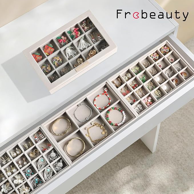Frebeauty Stackable Jewelry Trays with Lid,Velvet Earring Organizer Tray,5-in-1 Jewelry Organizer for Drawer Vanity Dresser,Jewelry Storage for Studs Bracelets,10.5 x 6.5 x 5.55 Inches,Gift for Women