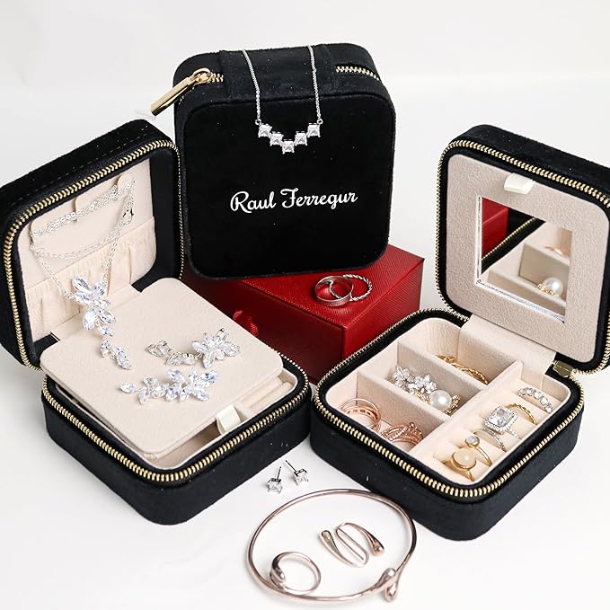 Customizable Compact Velvet Jewelry Box with Mirror, Travel Jewelry Case, Travel Jewelry Organizer, Jewelry Box for Women and Girls, Small Jewelry Organizer (Center Text, Black)