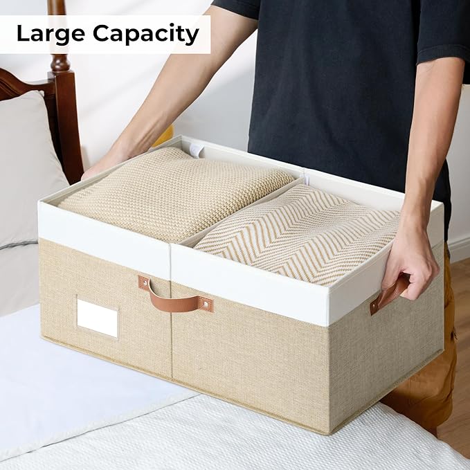 GRANNY SAYS Decorative Storage Boxes with Lid, Large Storage Bins with Label, 63L Fabric Storage Bin for Clothes, Toy Storage Chest, Memory Keepsake Box, White/Khaki