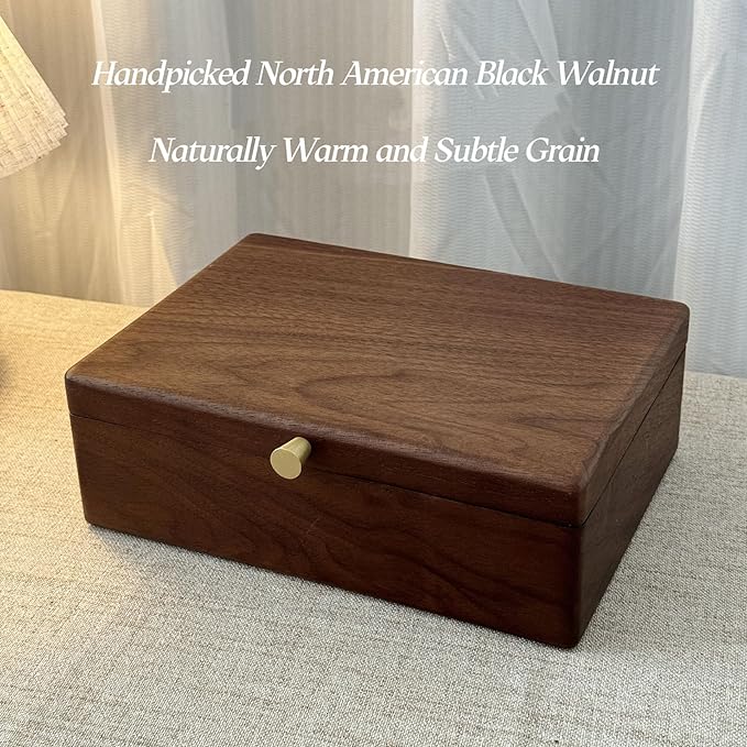 Bescott 2 Layers Solid Black Walnut Wooden Jewelry Box for Women with Lock and Key Wood Vintage Organizer for Men Earrings Rings Necklaces Bracelet Storage Mother's Day Gift
