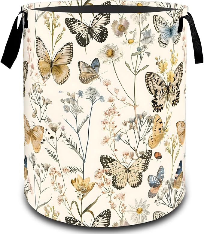 Butterfly Wildflower Botanical Laundry Basket, Dirty Collapsible Clothes Toy Organizer Hamper for Kids Adults, Oxford Cloth Waterproof Storage Bin for Bathroom Home Decor Gifts, 19.7"X15.7"