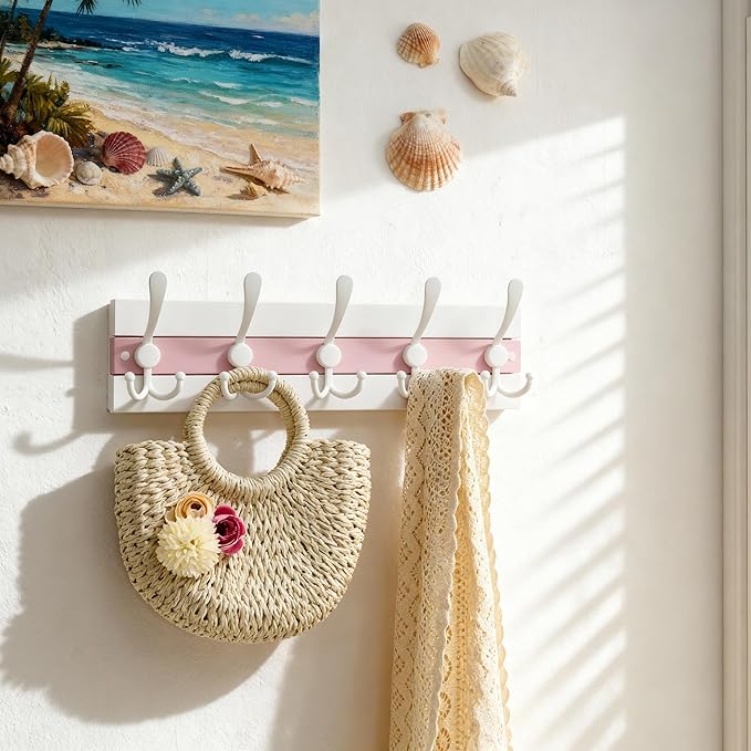 SKOLOO Coastal Wall Mounted Coat Rack-16.88" Beach House Entryway Wooden Coat Hook with 5 Hooks for Hanging Coats, Hats or Towels, Oceanfront Cottage Core Collection, White&Palm Beach Pink, Pack of 2
