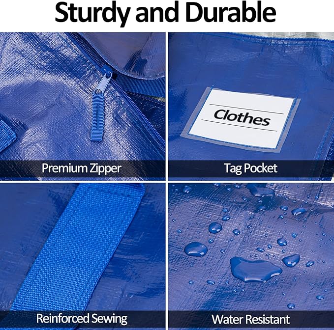 2-Pack Blue Extra Large Moving Bags, Heavy Duty Storage Bags with Lids, Reinforced Handles and Zippers, Organizing Bags for Dorm Packing, Clothes Storage, Toy, Camping, College Supplies