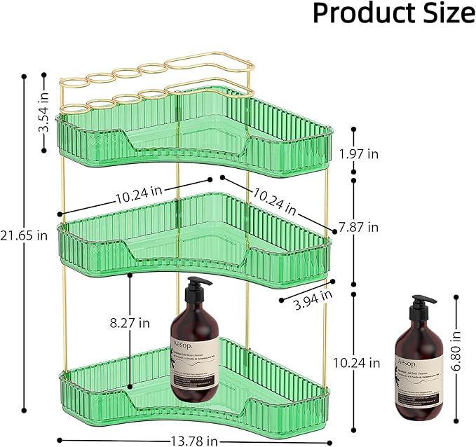 3 Tier Corner Bathroom Organizer Countertop, Vanity Makeup Organizer with Brush Holder, Space-Saving Skincare Storage Corner Shelf for Bathroom, Dressing Table, Kitchen