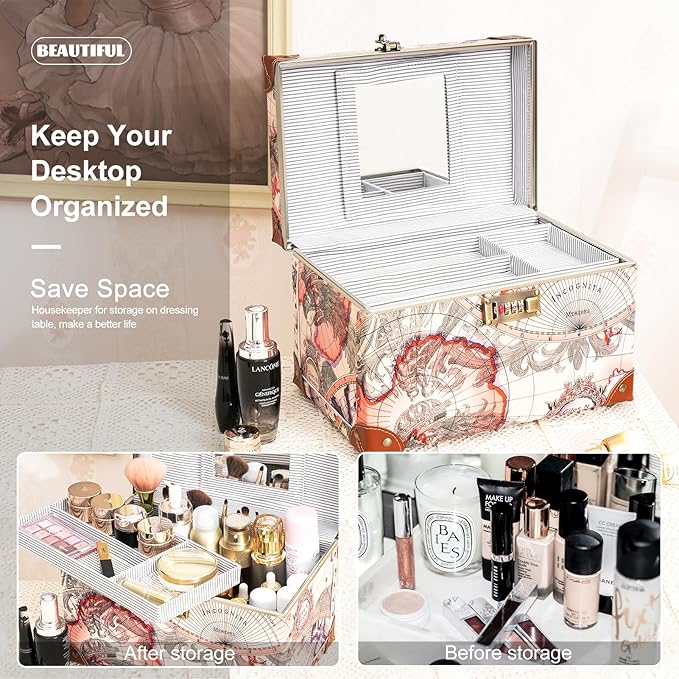 urecity Vintage Makeup Train Case with Metal Combination Lock, World Map Pattern Artificial Leather, Desktop Cosmetic Organizer Storage Box