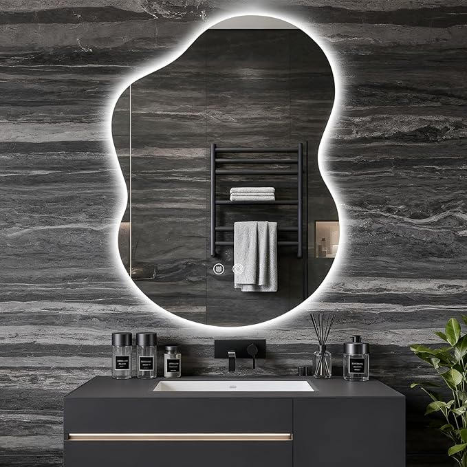 Asymmetrical Lighted Mirror for Bathroom,Modern LED Vanity Mirror with Backlit,Fog-Free,Tri-Color Dimmable Lighting with Memory Function,Hardwire Ready [Horizontal/Vertical] 30" H x 22" W