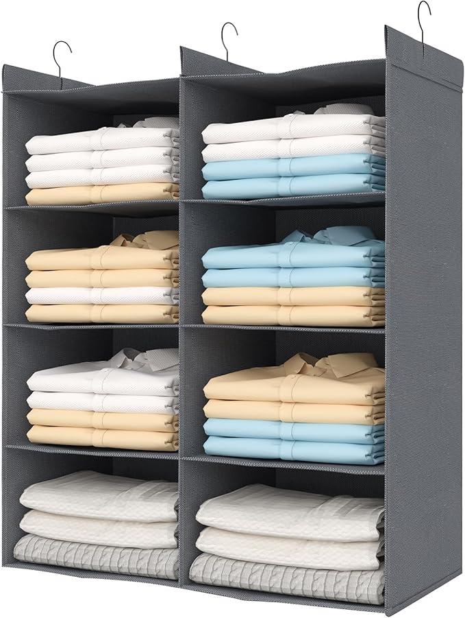 Dual-Row Hanging Closet Organizer – Foldable Clothes Storage Shelves with 3 Hooks, Space-Saving Wardrobe Organizer for Dorm Rooms, Bedroom or Closet (Grey, 4 Tier)