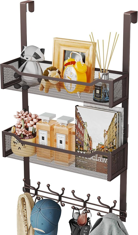 SWTYMIKI Over The Door Hooks Organizer - Multi-Functional Door Hanger with 16 Hooks & 2 Mesh Baskets, Long Coat Rack for Bathroom, Bedroom, Living Room, Home Storage Organizer, Bronze