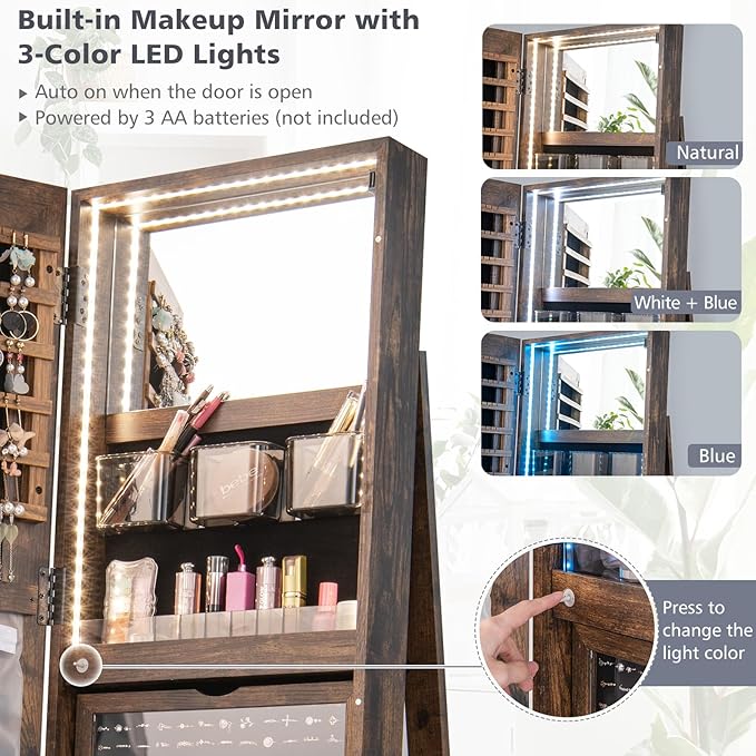 CHARMAID 360° Swivel Jewelry Armoire with Full Length Mirror, Rear Storage Shelves, Lockable Standing Jewelry Cabinet Organizer with Interior Vanity Mirror and 3-Color Lights (Rustic Brown)