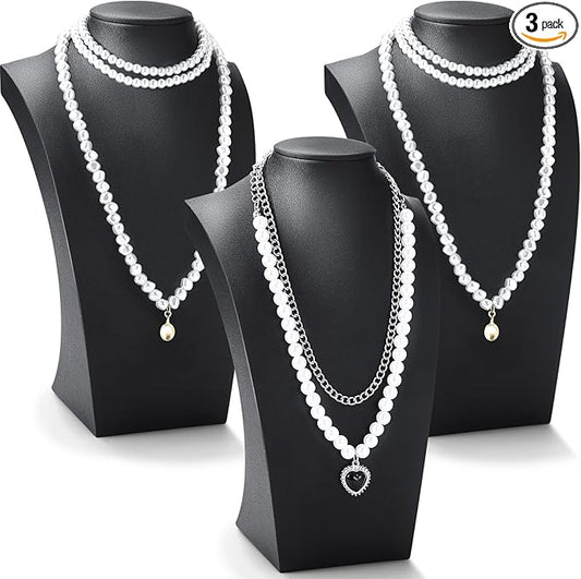 Kigley 3 Pcs Black PU Leather Jewelry Bust Display Necklace Display Stand Necklace Mannequin Holder for Jewelry Displays (9.8 x 3.0 x 5.7 Inches)