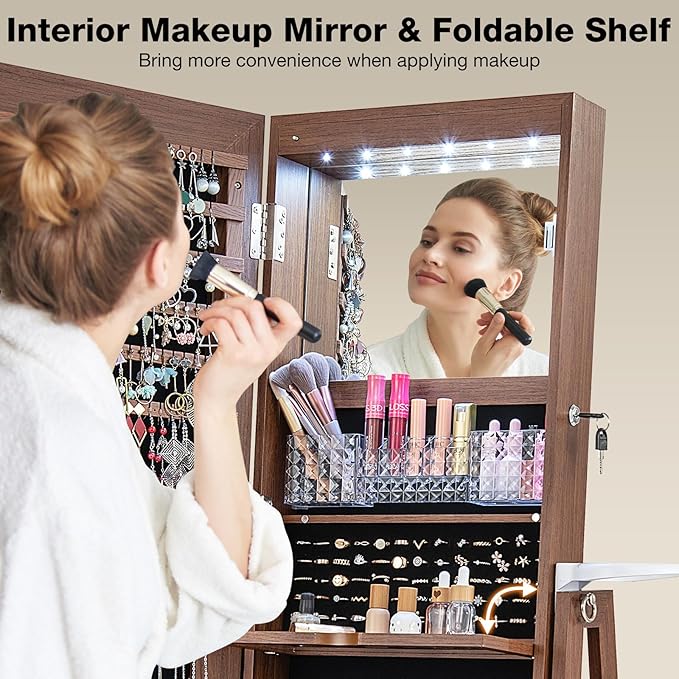 CHARMAID 360° Swivel Jewelry Cabinet Armoire 64.5" H, Full Length Mirror with Jewelry Storage, 6 LEDs Lockable Jewelry Organizer, Rear Storage Shelves, Large Drawer, Hairdryer Holder (Walnut)