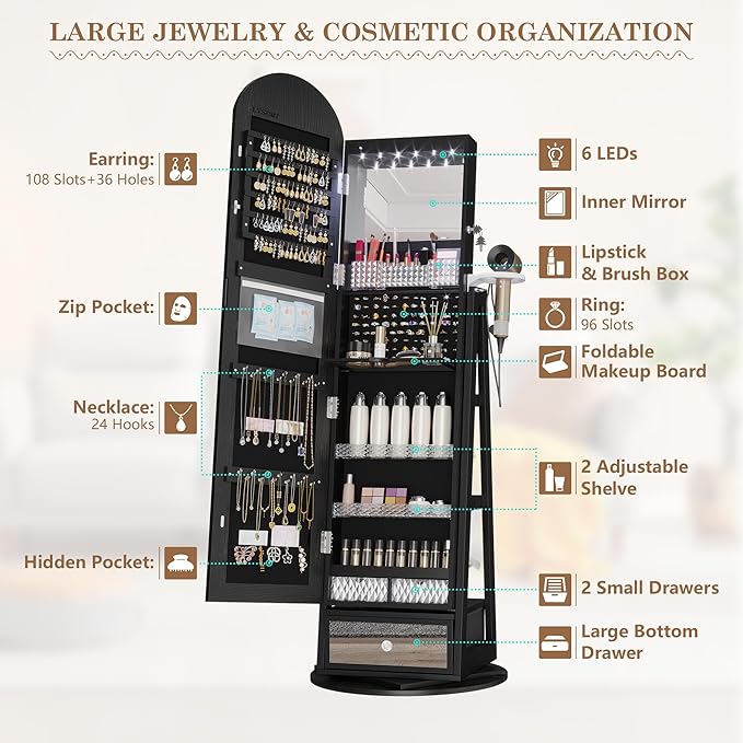 LVSOMT 360° Swivel Arched Jewelry Mirror Cabinet, 64"H Standing Jewelry Armoire with 6 LED Lights, Lockable Jewelry Organizer, Arch Full Length Mirror with Storage, Inner Makeup Shelf, Drawers (Black)