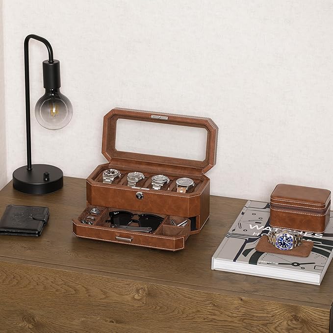 ROTHWELL 4 Slot Leather Watch Box with Valet Drawer - Luxury Case Display Jewelry Organizer, Locking Display Case Holder with Real Glass Top - Watch Box Organizer for Men & Women (Tan)