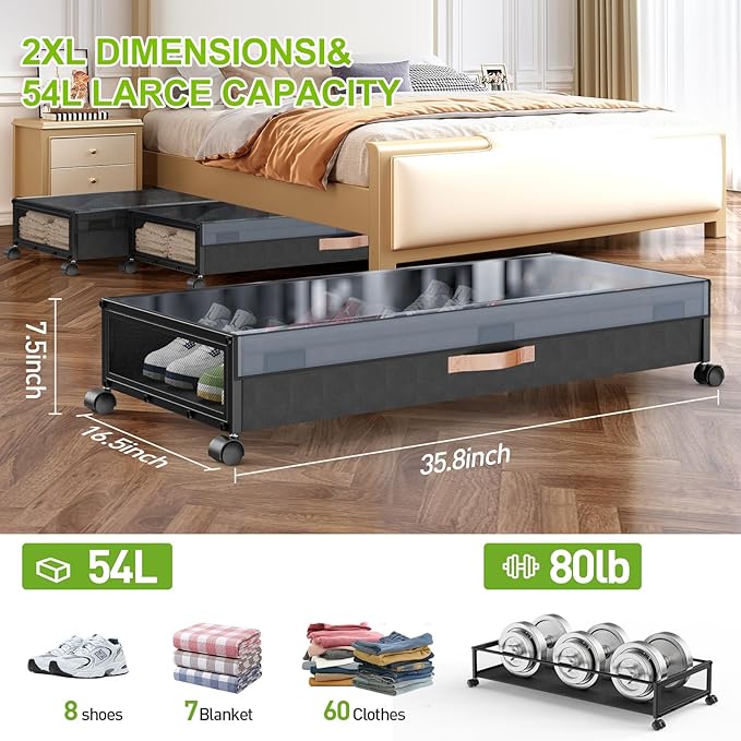 Under Bed Storage with Wheels,2-Pack Under Bed Storage Containers with Clear Lids, XXL 70L Under the bed storage Organizer Bins,Rolling Under Bed Metal Drawer for Clothes,Shoes (36"x16.6"x7.28")
