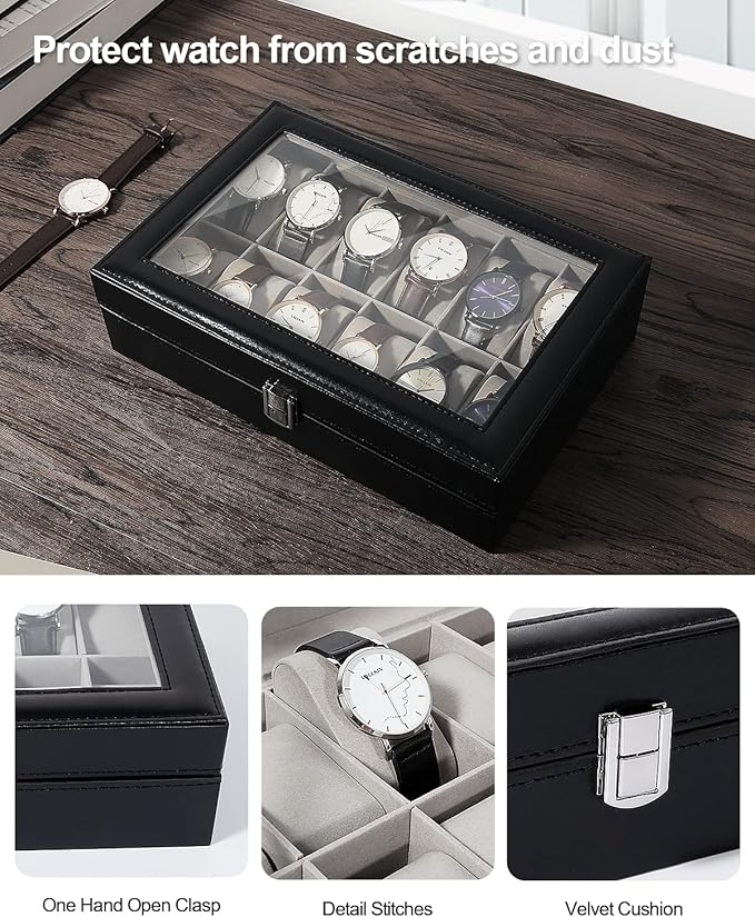 Uten Watch Box, 12 Slots Leather Watch Case, Watch Box Organizer Jewelry Storage with Large Glass Lid, Watch Display Case, Watch Box for Men & Women