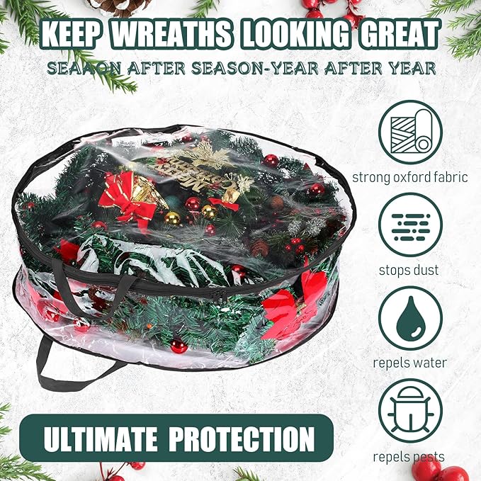 Shappy 6 Pieces Christmas Wreath Storage Container 30 Inch Wreath Plastic Storage Bags with Dual Zippers and Handles for Xmas Thanksgiving Holiday Artificial (Clear,Black)