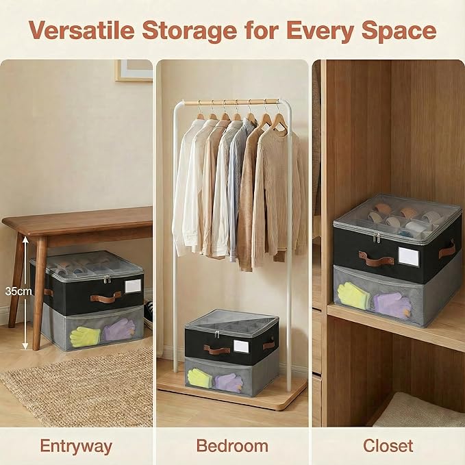 Shoe Organizer for Closet, Fabric Shoe Storage Boxes with Lids, Adjustable Dividers for 16 Pairs, Foldable Shoe Cubby with Mesh Storage & Label Window, Fits Tall Boots, Black & Grey