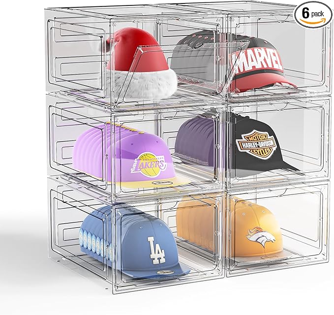 Hat Organizer Box for Baseball Caps, 6 Pack Plastic Hat Storage Display Case with Magnetic Door, Hat Holder Rack for Closet, Snapback Organizer, Hold 8 Caps Each