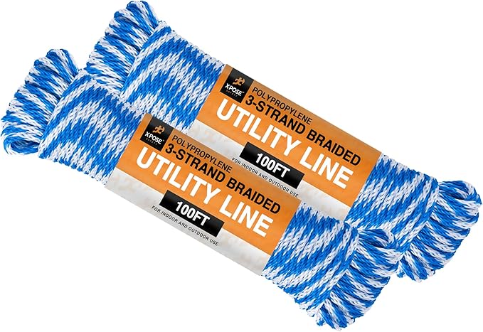 Polypropylene Rope - Braided Utility Line - 1/4" x 100 Ft - All Purpose Indoor & Outdoor Poly Rope Cord - Twisted Clothesline, Sash Cord, Anchor Line, Camping, Marine, Pool, Nautical 2 Pack