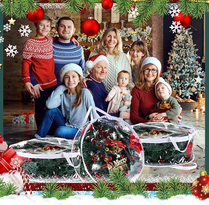 Shappy 14 Pieces Christmas Wreath Storage Container 30 Inch Wreath Plastic Storage Bags with Dual Zippers and Handles for Xmas Thanksgiving Holiday Artificial (Clear)