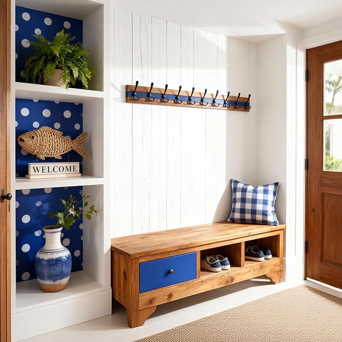 SKOLOO Rustic Wall Mounted Coat Rack - 38-1/8" Long Coat Hooks for Wall with 10 Triple Hooks for Hanging Coats, Hats or Tools, Western National Parks Collection, Wood Brown & Blue