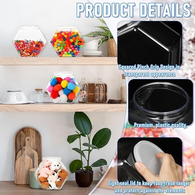 Uiifan 1 Piece Plastic Candy Jar with Lid Cookie Jar Clear Hexagonal Fish Bowls Containers for Snacks, Dog Food, Desk Pet, Craft and Sewing Supplies, Coffee Pod, Laundry Pod Storage Display(70 oz)