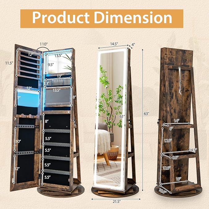 GOFLAME 360° Swivel Jewelry Cabinet Armoire with Full Length Mirror, Standing Jewelry Storage Organizer with Rear Storage Shelves, 3-Color LED Lights, Foldable Shelf, Interior Mirror, Rustic Brown