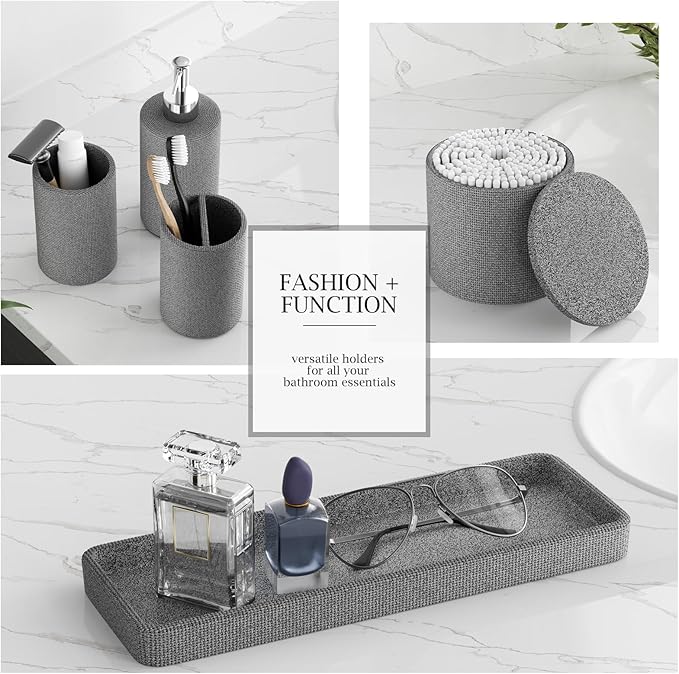 6-Piece Grey Bathroom Set - Mesh Textured Resin Bathroom Accessories Set with Soap Dispenser, Toothbrush Holder, Cup, Vanity Tray & Apothecary Jars for Small Spaces