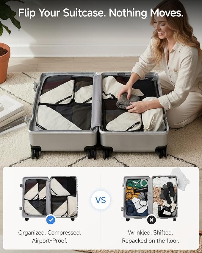 LUGGEX 6 Set Compression Packing Cubes for Travel, POX01 Luggage Organizers Bags, Suitcase Organizer with Shoe Bag Travel Accessories Essentials for Carry on & Checked (POX-Core, Beige)