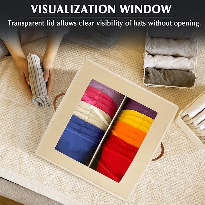 2-in-1 Hat Organizer for Baseball Caps Holds 48-60 Hats Holder for Closet with Clear lid Stackable Hat Storage with Adjustable Space Cowboy Hat Box for Men Women 2 PCS White and Grey