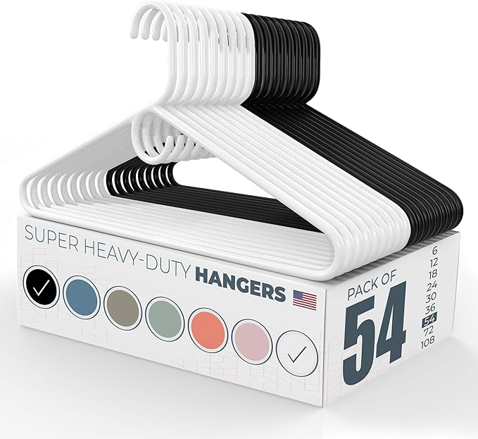 Neaties Super Heavy Duty Clothes Hangers 50 Pack (54 Count) – Made in The USA - 10lb Capacity, Thick Plastic Hangers for Pants, Coats, Jackets, Jeans and Adult Clothing – White & Black