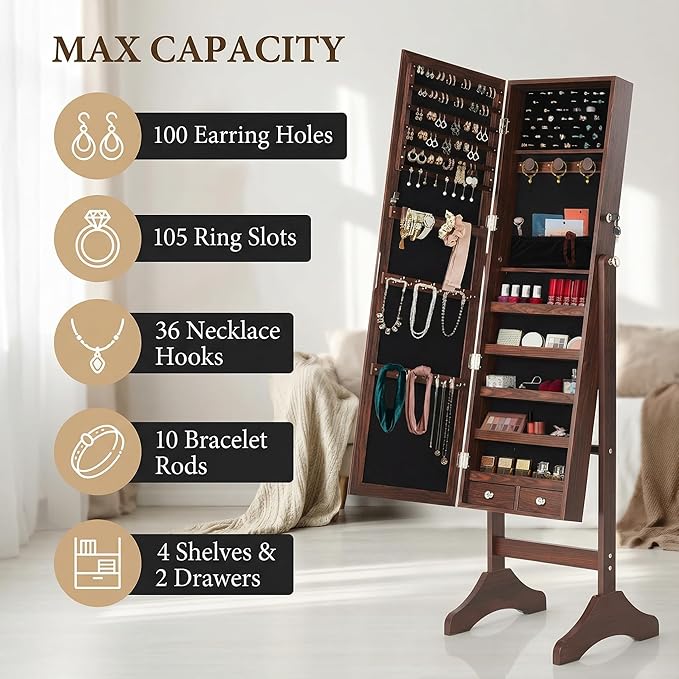 Large Jewelry Armoire with Full-Length Mirror - 47.3" Lockable Storage Cabinet, Velvet Lining, 5 Shelves, 3 Adjustable Angles & Accessory Pouch (Brown)