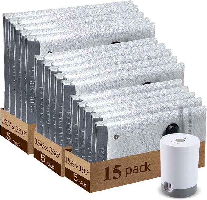 Vacuum Bags For Travel With Rechargeable Air Pump, 15 Pack Compression Packing Bags For Luggage, Carry-On Size, Space Saver For Clothes, Airless Vacuum Bags, Jumbo Vacuum Storage Bags