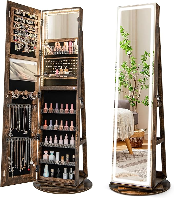 GOFLAME 360° Swivel Jewelry Cabinet Armoire with Full Length Mirror, Standing Jewelry Storage Organizer with Rear Storage Shelves, 3-Color LED Lights, Foldable Shelf, Interior Mirror, Rustic Brown