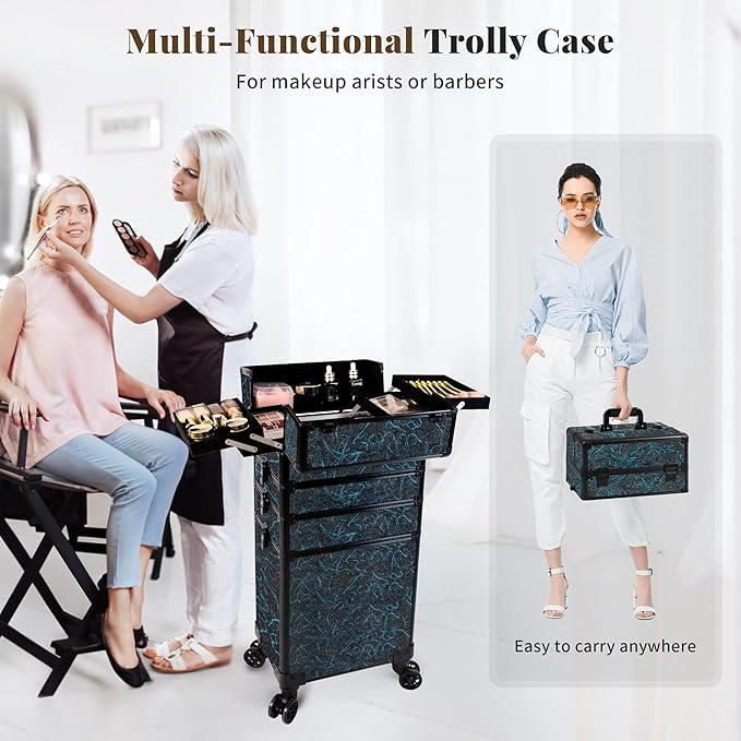 Profesional Rolling Makeup Train Case with Lid, 5 in 1 Cosmetology Case on Wheels, Large Cosmetic Trolley Organizer Travel for Hairstylist Artist Nail Beauty Salon Barber, Blue